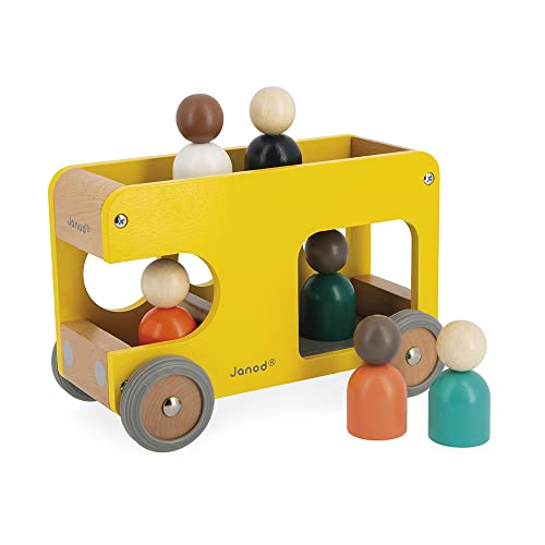 Image of Janod - Bolid Solid Wood School Bus - 6 Characters Included - Silent Wheels - Imagination and Fine Motor Skills - FSC Certified - Water Painting - From 2 Years, J04635, Yellow