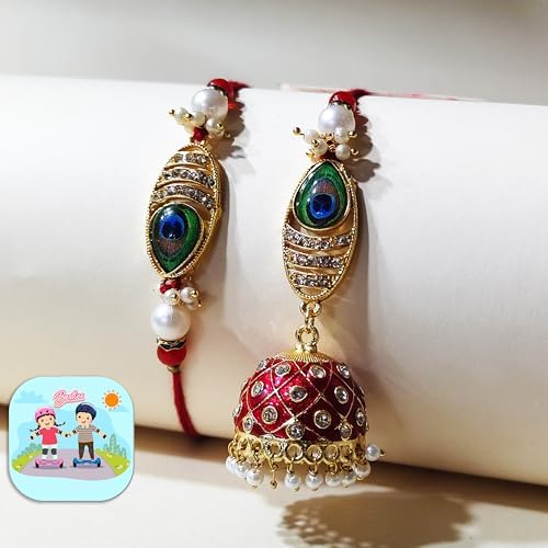Image of CraftVatika Rakhi for Brother and Bhabhi with Gift Set Combo, Rakhi Set of 2 for Bhaiya Bhabhi, Kundan Meenakari Couple Pair Bhai Bhabhi Rakhi, Rakhis for Rakshabandhan, Fridge Magnet for Door Decor