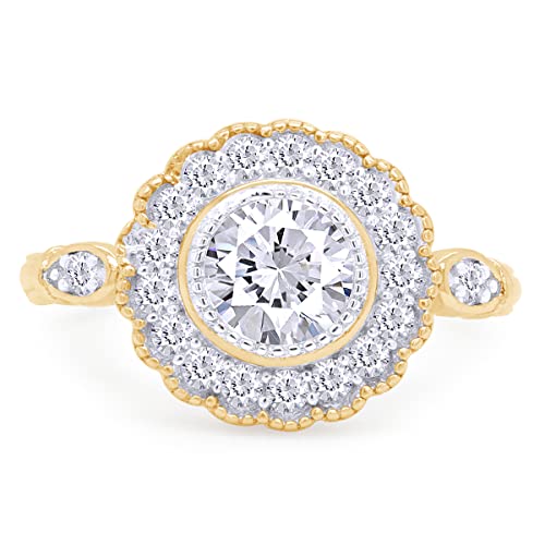 SAVEARTH DIAMONDS Round Shape Sparkling White Cubic Zirconia Milgrain Bezel Set Halo Engagement Promise Ring In 14k GOLD Over Sterling Silver Jewelry For Women Gifts For Her2