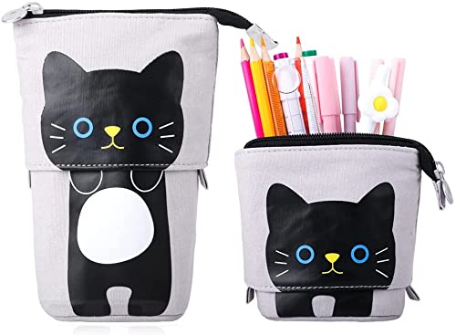 AUTOYSUR Pencil Case Box Transformer Stand Store Pencil Holder Cute Cartoon Standing Pen Pouch Dual-Use Canvas Storage Stationery Bags for Teen Girls Boys (Black Cat)