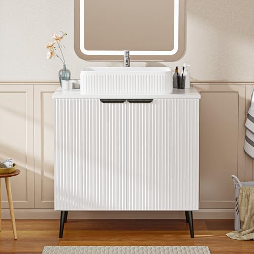 LDarqeer 750mm Bathroom Vanity Unit with Basin Ceramic Basin White Freestanding Bathroom Vanity Sink Cabinet Marble Effect Top Modern Soft-Close Wave Door Single Tap Hole
