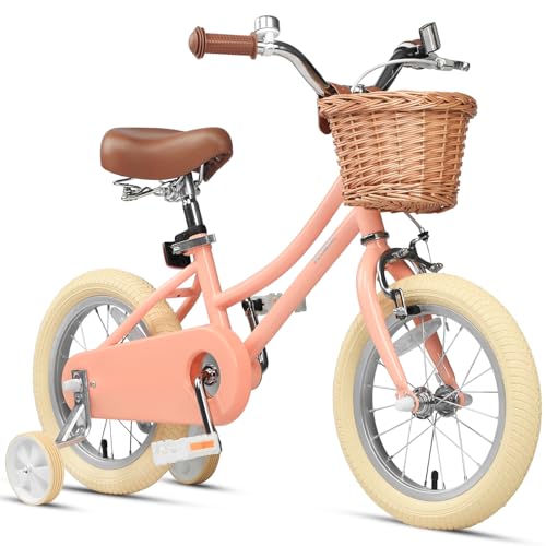 Petimini 14 Inch Little Kids Bike for Age 3 4 5 Years Old Girls Retro Vintage Style Bicycles with Basket Training Wheels and Bell, Peach