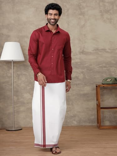 Image of RAMRAJ COTTON Men Full Sleeve Solid Shirt With Matching Border Dhoti|Ideal For Weddings And Occasion