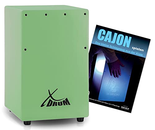 XDrum KC-37GN Kinder-Cajon Set - Kleine Cajon speziell für Kinder - Nur 36 cm hoch - Snare-Effekt durch stimmbare Gitarrensaiten - Spar-Set mit Cajon-Schule für Einsteiger - Grün
