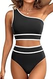 Holipick Two Piece High Waisted Swimsuits for Women One Shoulder Bikini Set Color Block Bathing Suit