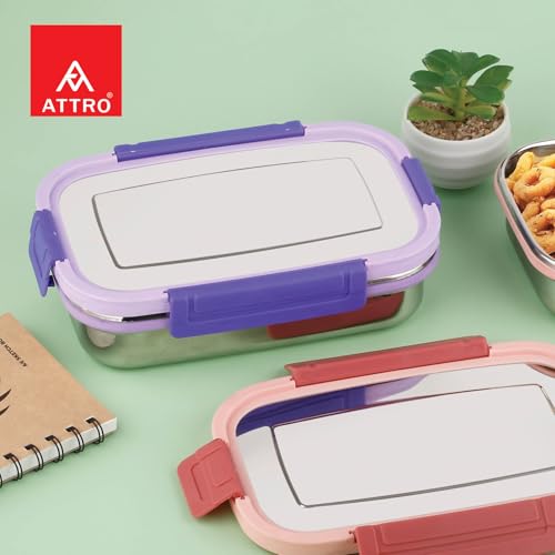 Image of ATTRO Sparkle Medium Stainless Steel Lunch Box 2-Piece Set - 800ml + 150ml - Leak-Proof, BPA-Free, Compact & Durable - Ideal for Kids, Office, Travel - Purple