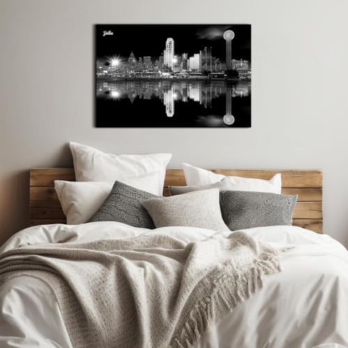 Image of Dallas City Landscape Canvas Wall Art Nature Texas Skyline Wall Decor Night View Pictures for Living Room Black and White Paintings Poster Modern Cityscape Landmarks Photography Prints Artwork 24x36 inch