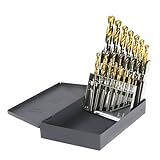 Drillco 450T Series 15 Piece High-Speed Steel Jobber Drill Bit Set, Uncoated (Bright) Finish with TiN Tip, Round Shank, Spiral Flute, 135 Degrees Split Point, 1/16' - 1/2' in 1/32' increments