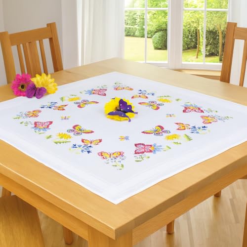 KAMACA Stickpackung Tischdecke Kreuzstich Tiere vorgedruckte Stickdecke inkl. Stickgarn Stickvorlage und Anleitung Stickset zum Selbersticken für Erwachsene (Schmetterlings - Garten MD 80x80 cm)
