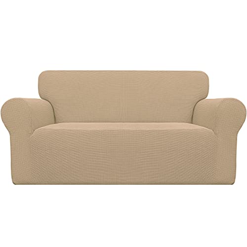 Image of Easy-Going Stretch Loveseat Slipcover 1-Piece Sofa Cover Furniture Protector Couch Soft with Elastic Bottom for Kids Polyester Spandex Jacquard Fabric Small Checks (Loveseat, Sand)