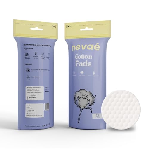 Image of Nevae Multipurpose Cotton Pads, 100% Cotton, Embossed Double Sided, for Skin Cleaning, Eye & Face Makeup Removal, Nail Polish Removal, Soft Round Facial Cotton Pads (50 Pcs)