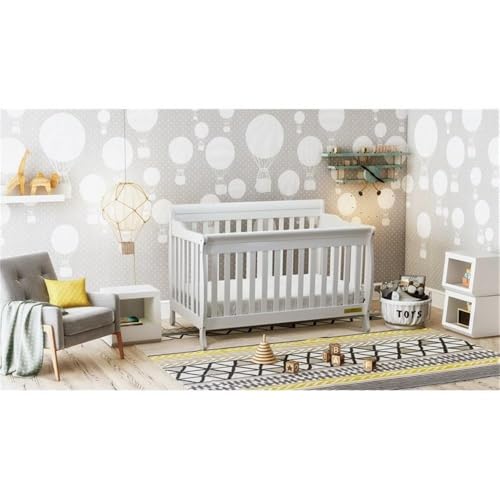 Image of Pemberly Row 4-in-1 Convertible Crib, 55 inch W x 34 inch D x 42 inch H, Solid New Zealand Pine Wood, White Finish, Includes Toddler Guardrail, Adjustable Mattress Support, Eco-Friendly Baby and Kids Room