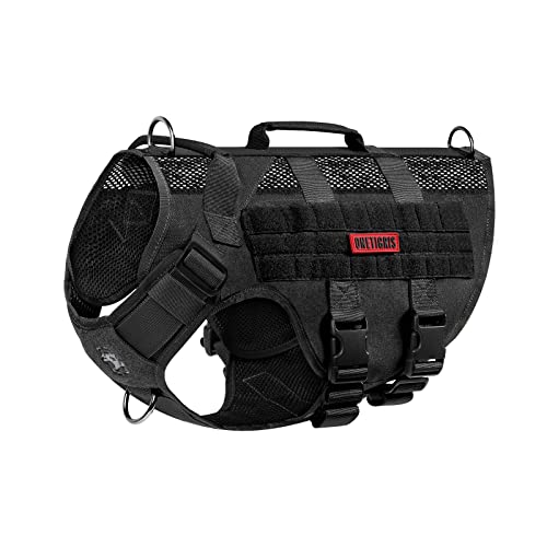 OneTigris Hundegeschirr Grosse Hunde, AIRE MESH Taktisches Anti Zug Geschirr mit 2 Griff Verstellbar Brustgeschirr No Pull Dog Harness Atmungsaktiv Schwarz L