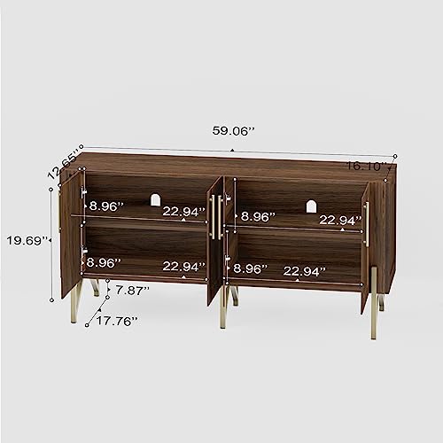 Tilly Lin 65" Mid Century Modern Tv Stand, Modern Credenza Sideboard Buffet Cabinet, Walnut Media Console For Living Room, Boho Entertainment Center With Storage, Gold Metal Legs #TOP4