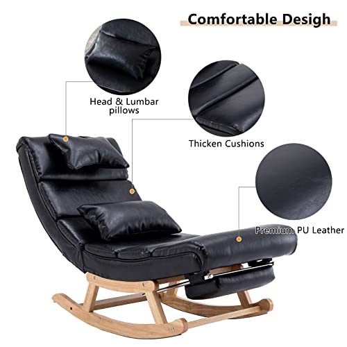 Gnixuu Rocking Lounge Chair, Modern Accent Rocking Glide Chair With Large Back, Pull Out Pedal And Pillows, Upholstered Lie Or Sleep Lazy Chair For Nursery, Living Room, Bedroom(Pu Black) #TOP3