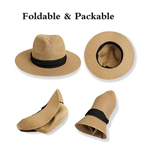 Girls Panama Wide-Brim Floppy Straw Sun-Hat Roll Up Foldable Fedora Hat Summer Beach(56Cm,8 To 16Years) #TOP2