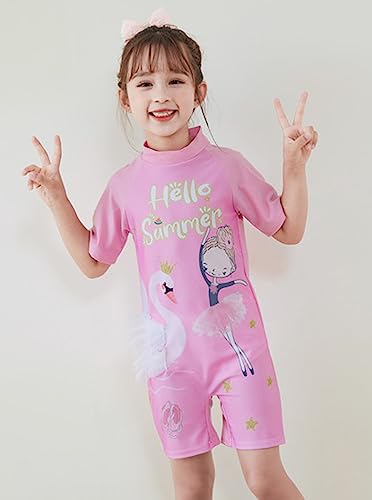 Image of Girls Swimsuits Half Sleeve Rash Guard Swimwear with Matching Cap One-Piece Bathing Suits 2-11 Years