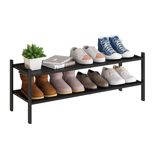 BMOSU 2-Tier Bamboo Extended Shoe Rack Premium Stackable Shoe Shelf Storage Organizer for Hallway Closet Living Room Entryway Organizer(Black)