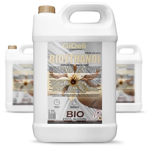GiDeli Bioetanol 3 x 5 l de aroma a vainilla 96,6% etanol para chimeneas interiores y exteriores, sin humo ni hollín, de maíz y remolacha azucarera