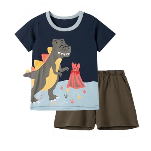 Image of HILEELANG Toddler Boy Summer Short Clothes Sets Cotton Crewneck Tees Shorts Pocket Adjustable Knite Shorts Playwear Sets