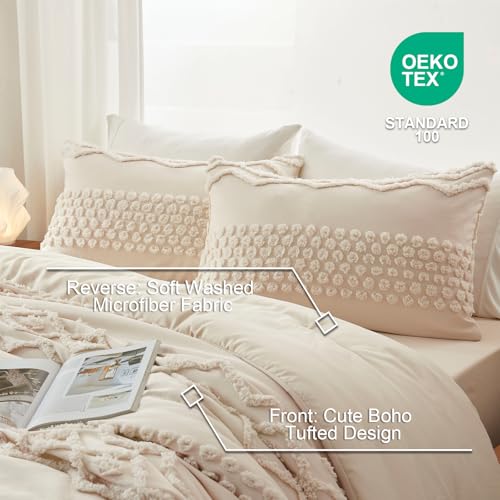 Luxudecor Beige Tufted Comforter Set King Size 3 Pieces Boho Shabby Chic Comforter Farmhouse Embroidery Bed Set Soft Comforter for All Seasons (Beige, 104''x90'') by Luxudecor - Image 5