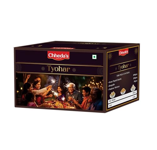 Image of Chheda's Tyohar Festive Gift Pack | Soan Papdi, Rasgulla & Madras Mixture | Indian Sweets & Snacks Hamper | Perfect Diwali, Wedding & Celebration Gift Box