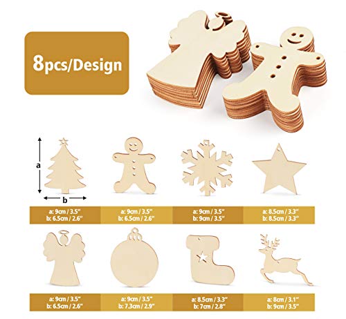 ilauke 64pcs Wooden Ornaments for Crafts DIY Wood Crafts Christmas Hanging Decorations Unfinished Predrilled Wood Slices for Centerpieces Wood Circles Painting Woodburning Decor - Thumbnail 2