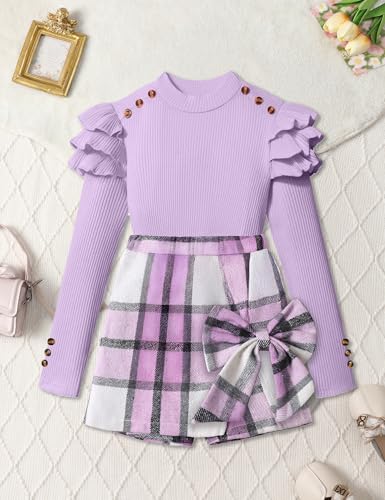 Image of Girls Clothes 2 Piece Ruffle Long Sleeve Shirt Top and Bow Plaid Skirt Set Girls Fall Winter Outfits 6-16 Years