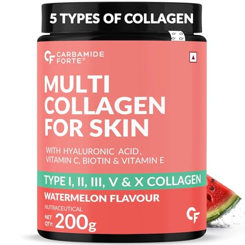 Carbamide Forte Multi Collagen Supplements | 5 Types of Marine Collagen Powder For Skin | Skin Supplements For Glowing Skin For Women - Watermelon Flavour - 200g.