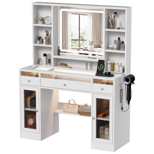 Image of LIVELYGLOW 43.3 inch White Large Makeup Vanity Desk with Glass Top & RGB Lights