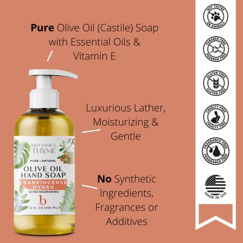 Brittanie's Thyme Natural Hand Soap - 12 Oz, Pack Of 3 (Frankincense & Myrrh) Castile Soap Made Olive Oil, Natural Luxurious Essential Oils & Vitamin E. Vegan & Gluten Free #TOP2