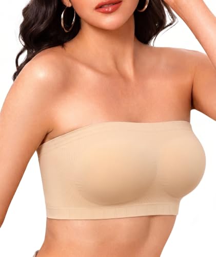 Strapless Bra for Women No Slip Silicone Grip Bandeau Bra with Fixed Pads Convertible Tube Top Bra with Fabric & Clear Straps