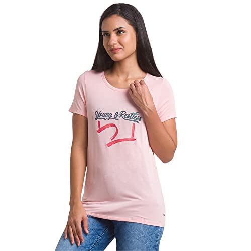 Image of Spykar Women's Cotton Printed Slim Fit T-Shirt