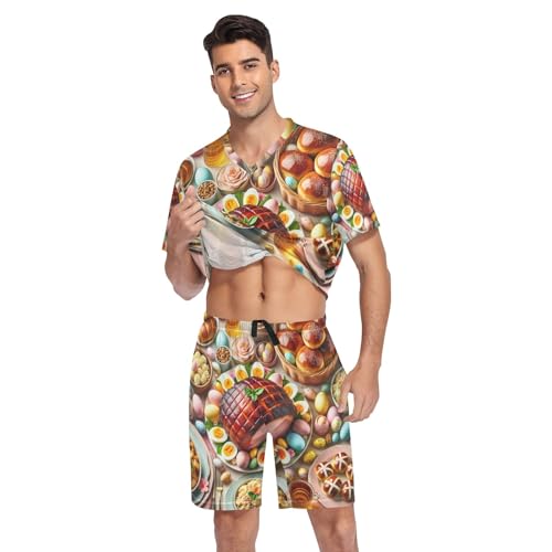 Mens Pajama Short Sleeve Sleepwear with Pockets Lounge V Neck Nightwear 2 Pcs Pj Set, S-XXL3