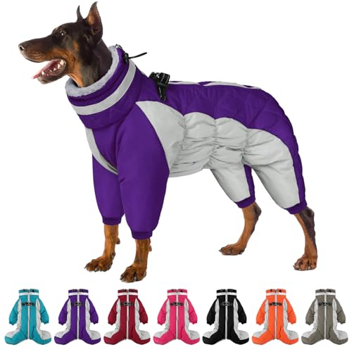 SUNFURA Full Body Dog Coat - Warm Fleece Jacket for Small Dogs, Turtleneck Winter Coats with Harness, Reflective Dog Snowsuit Windproof Puffer Jackets with Legs for Pug, Jack Russel, Purple S