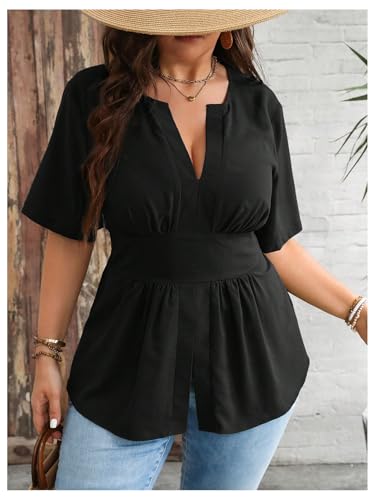 GORGLITTER Women's Plus Size Peplum Tops Short Sleeve V Neck Asymmetrical Blouse Shirts Summer Going Out Tops 20254
