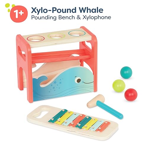 Image of B. toys Xylo-Pound Whale Pounding Bench with Xylophone, Hammer Toy | 2-in-1 wooden pounding bench with removable xylophone, 1 wooden hammer, and 3 balls for music and color matching, 1+ Years
