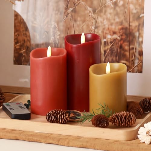 Image of Fall Decorations for Home - Real Wax Flameless Pillar Candles Set of 3