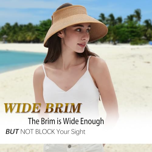 Rosoz Women'S Sun Visor Hats Wide Brim Straw Beach Hat Ponytail Hats For Women Foldable Floppy thumb #3