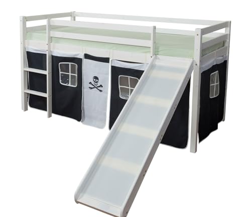 DECOSHOP26 Lit Mezzanine 90x200cm avec échelle Toboggan en Bois Blanc et Toile Noir Pirate LIT06117