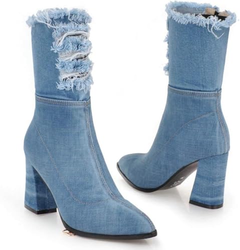 MAVMAX Denim Ankle Boots for Women Pointed Toe Chunky High Heel Jeans Denim Blue Short Mid Calf Booties with Side Zipper3