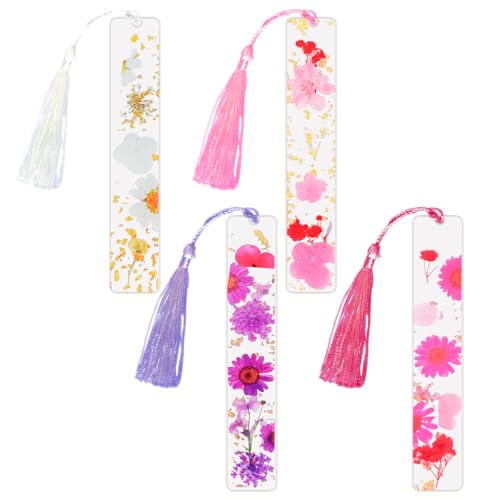 4Pcs Bookmarks for Women Dried Flower Resin Book Marks with Tassels Handmade Transparent Floral Dried Flower Page Marker for Reading Gift Teacher Students Women