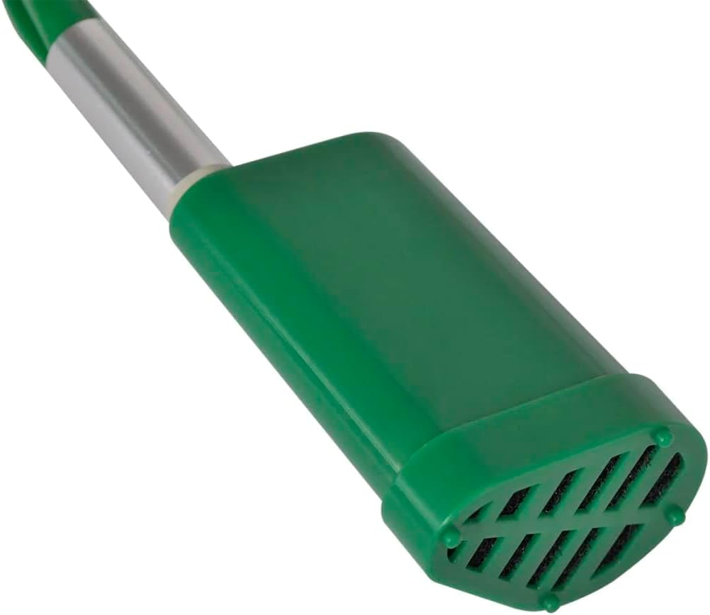 Close-up of the pump's intake filter at the bottom of the green pump unit.