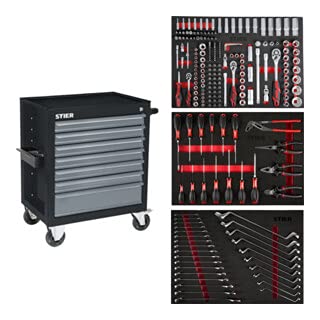 STIER Werkstattwagen Black, bestückt 223-teilig, Werkzeuge in Weichschaumeinlage (Eva), Tragkraft 300kg, 7 Schubladen