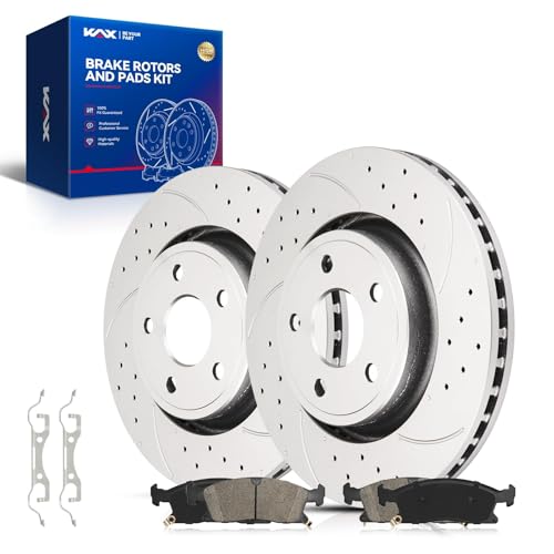 Image of KAX Front Brake Kit, Drilled and Slotted Brake Rotors, Ceramic Brake Pads | Fits Jeep Grand Cherokee 2015-2020, Dodge Durango 2011-2020, Automotive Replacement Brake Kit