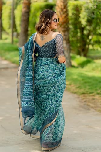 Image of MIRCHI FASHION Kota Doria Cotton Saree with Blouse Piece | Leaf Floral Printed Saree for Women | Traditional Ethnic Daily Wear Summer Saree