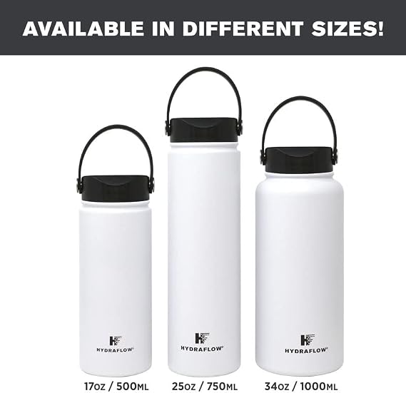 Hydraflow Hybrid - Triple Wall Vacuum Insulated Water Bottle with Wide Mouth Lid (34oz, Powder Black) Stainless Steel Metal Thermos, Reusable Leak Proof BPA-FREE for Sports and Travel