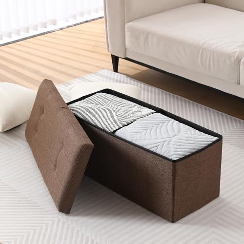 Image of Storage Ottoman Bench Foldable Footrest Foot Stool, 30 inch Fabric Brown | Small Ottoman Foot Rest Seat Shoe Bench Flip-Top forliving Room End of Bed Bedroom Couch Dorm, 80L Folding Upholstered Chair