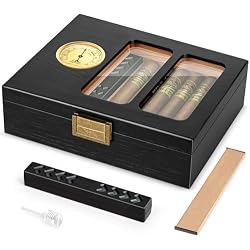 Usewire Cigar Humidor, Glass Top Cedar Cigar Case, Cigar Box for 20-30 Cigars with Hygrometer, Humidifier, Desktop Cigar Humidor, Cigar Lovers Gift (Black)