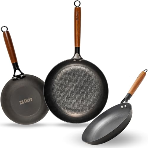 lätt Home Juego de Sartenes Hierro Fundido Antiadherente Aptas para Cocina de Induccion Gas Vitrocerámica Eléctrica Horno Lavavajillas | Mango Madera Acacia Removible | Set 3 Diametros 20-24 - 28 cm